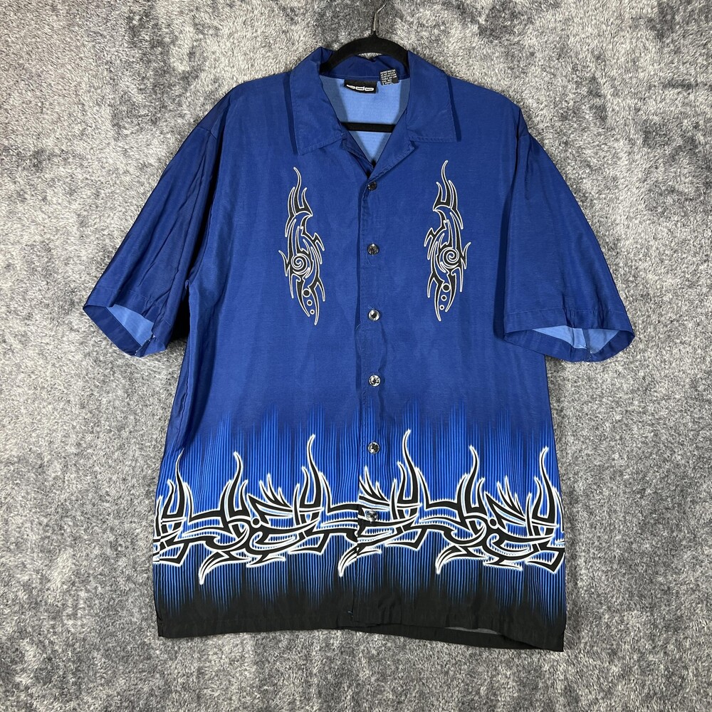 ODO Shirt Mens L Blue Tribal Graphic Short Sleeve Button Up Casual Polyester